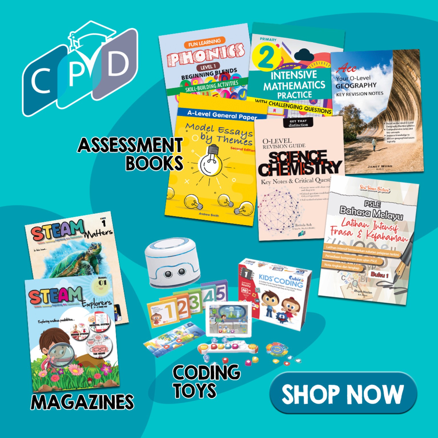 CPD Singapore assessment books, STEAM magazines and coding toys